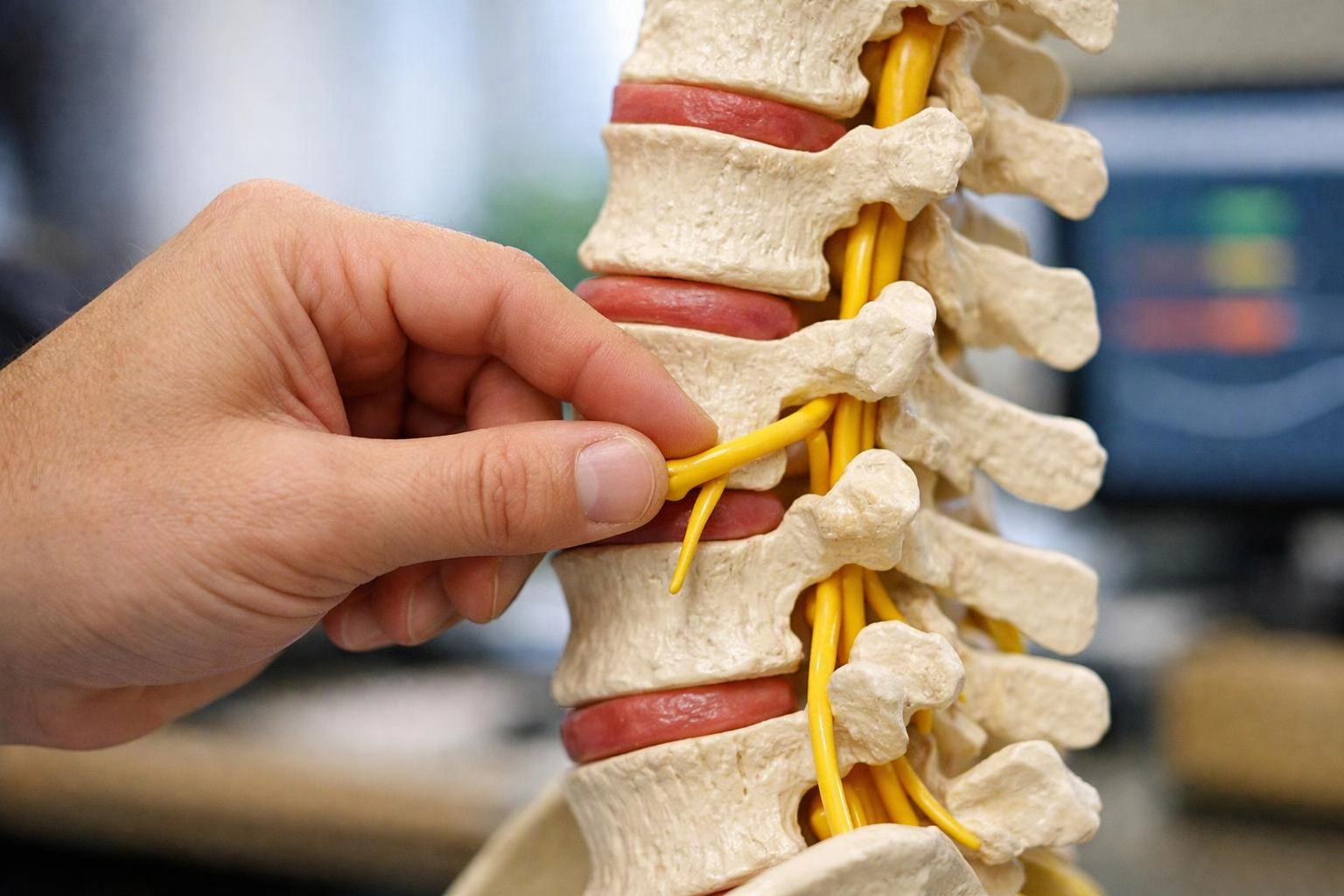A hand pinches yellow spinal nerve wires on a model of stacked vertebrae with red discs
