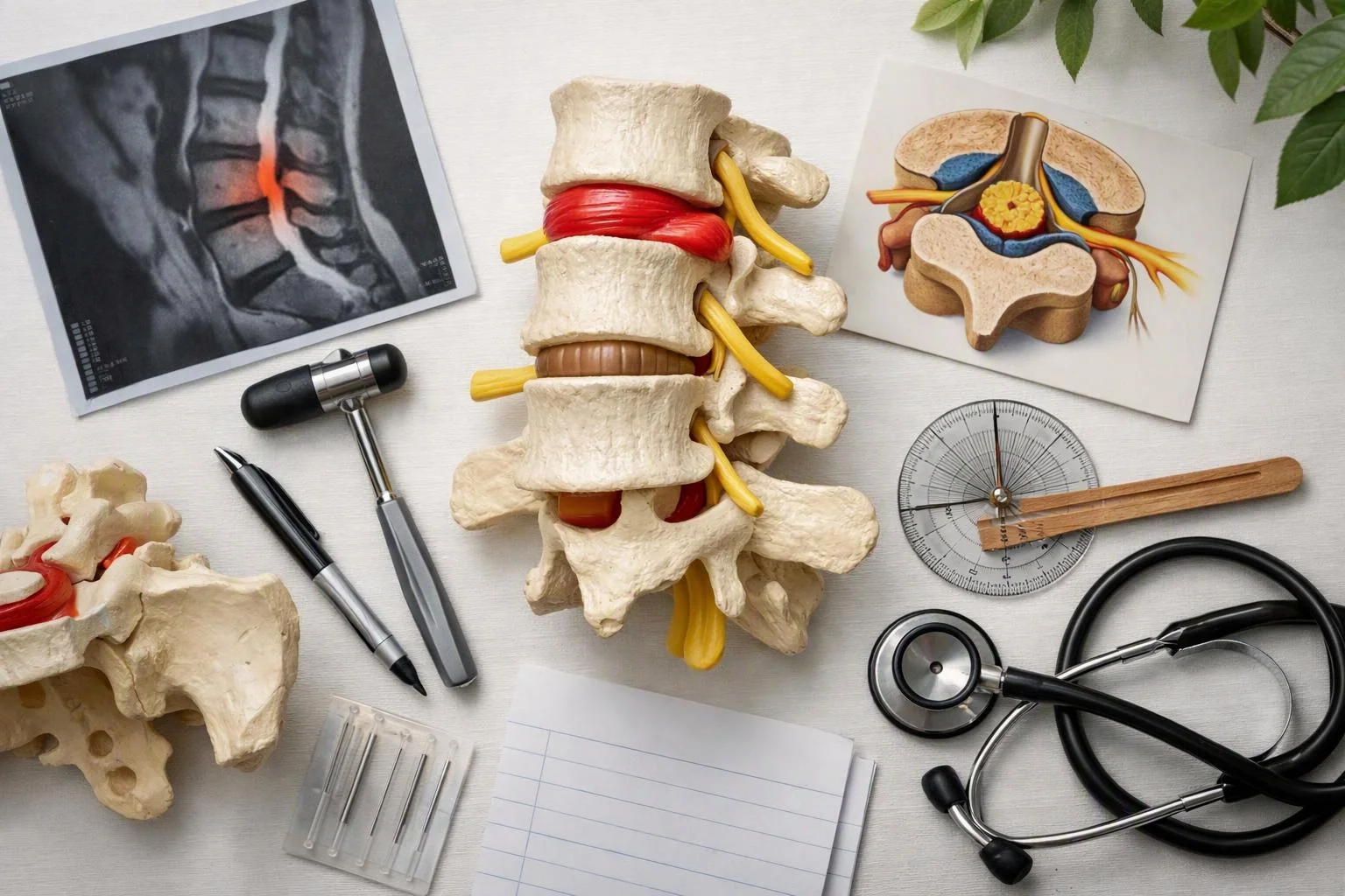 A medical desk layout shows spine models, X-ray images, a stethoscope, and exam tools on a white surface