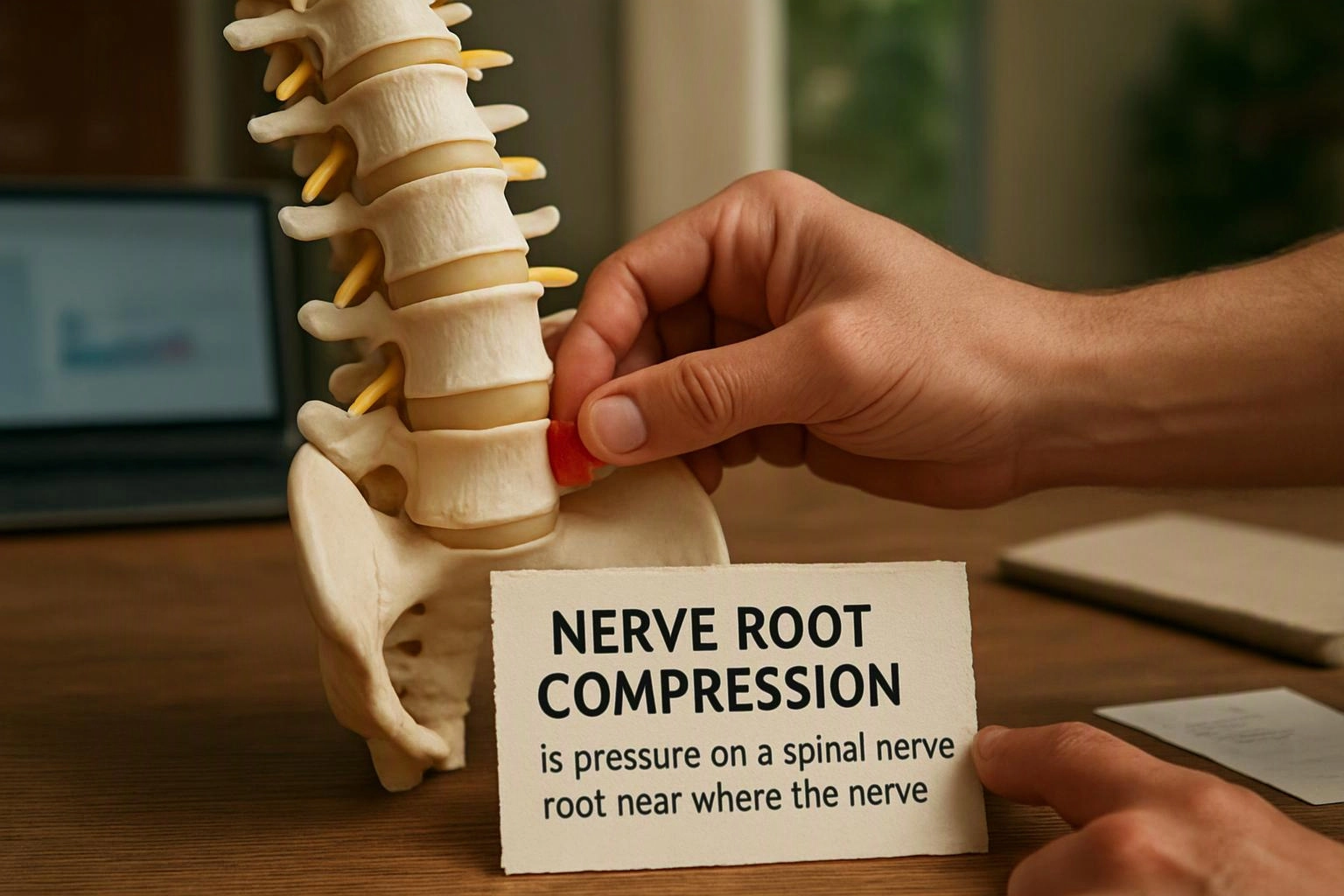 A hand points to a spine model beside a card reading “NERVE ROOT COMPRESSION” on a desk