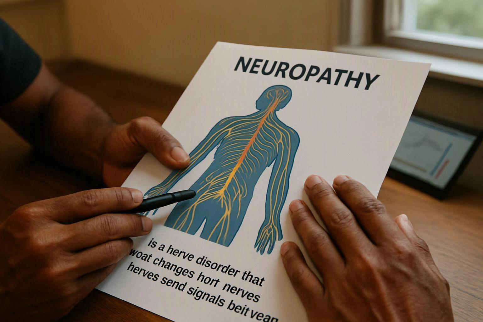 Hands point at a paper showing a nerve diagram labeled “NEUROPATHY” on a wooden table