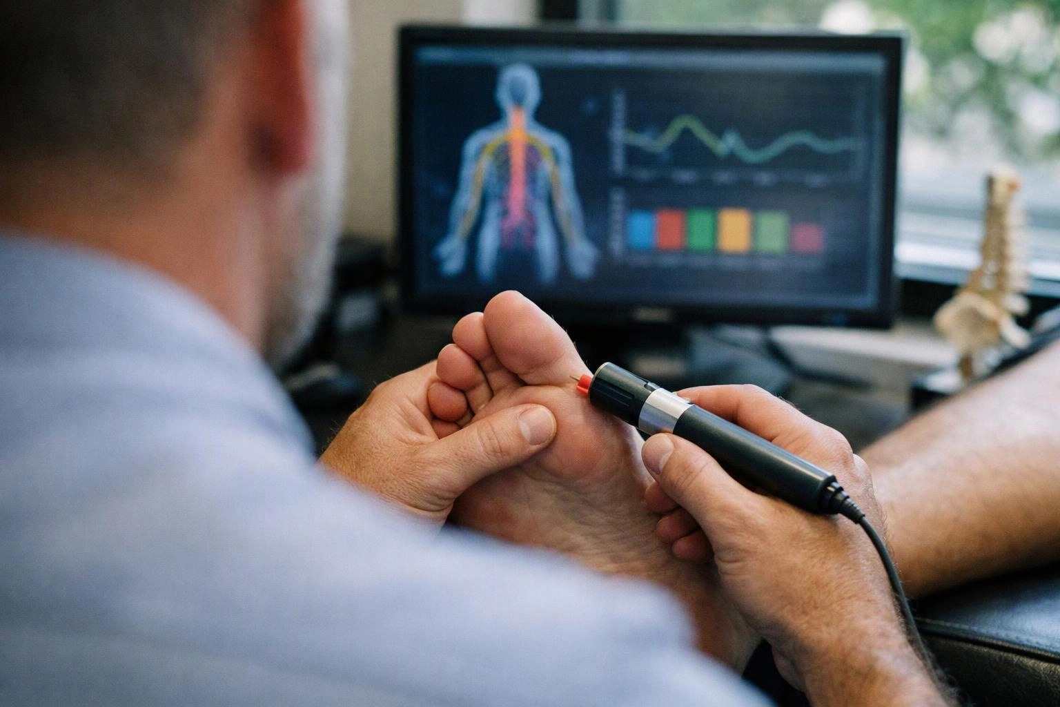 A clinician presses a pen-like device to a patient’s foot while a medical monitor glows in the background