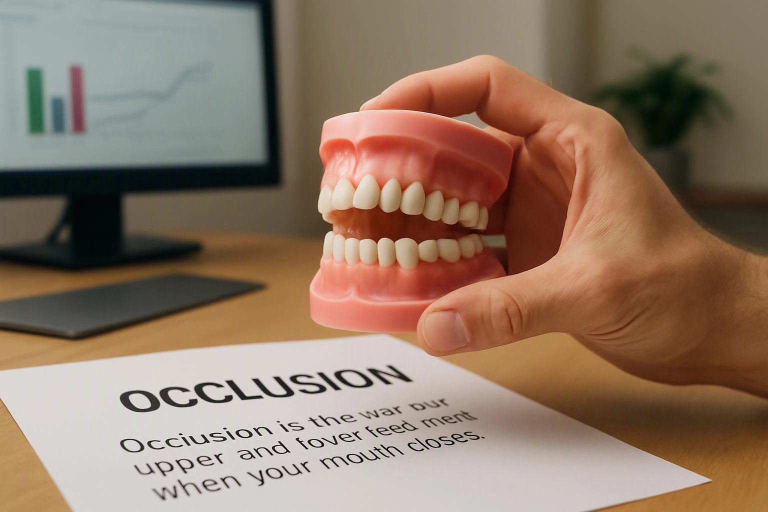 A hand holds a pink dental model above a paper labeled “OCCLUSION” on a desk with a blurred monitor behind it