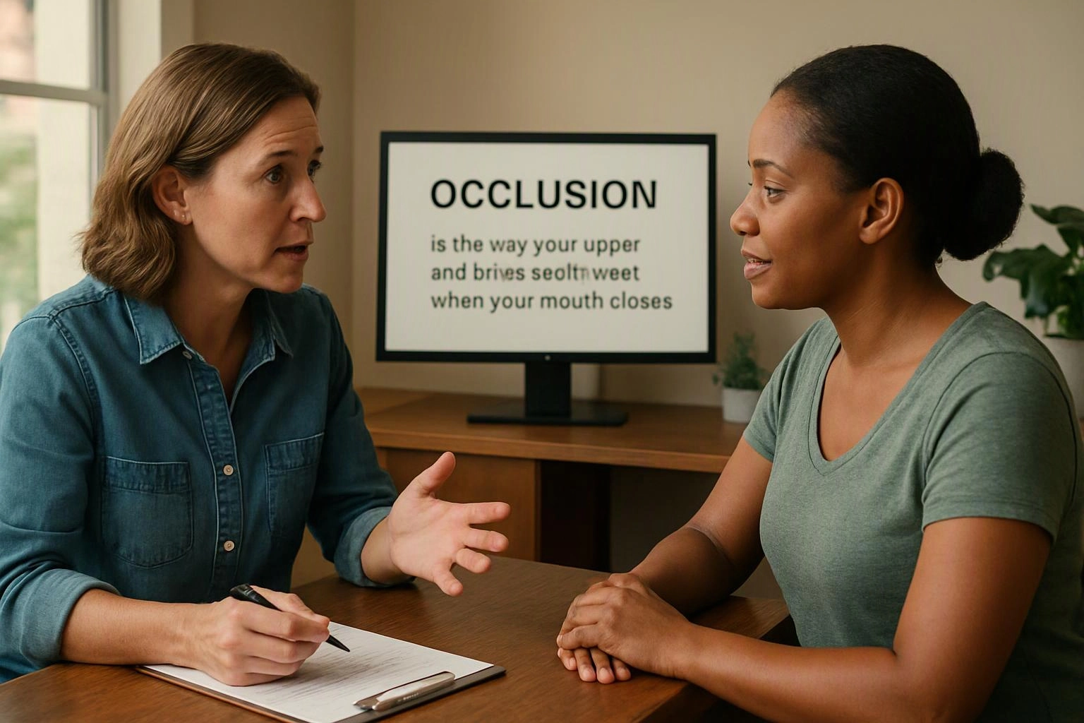 Two women talk at a desk while a monitor behind them shows an occlusion definition
