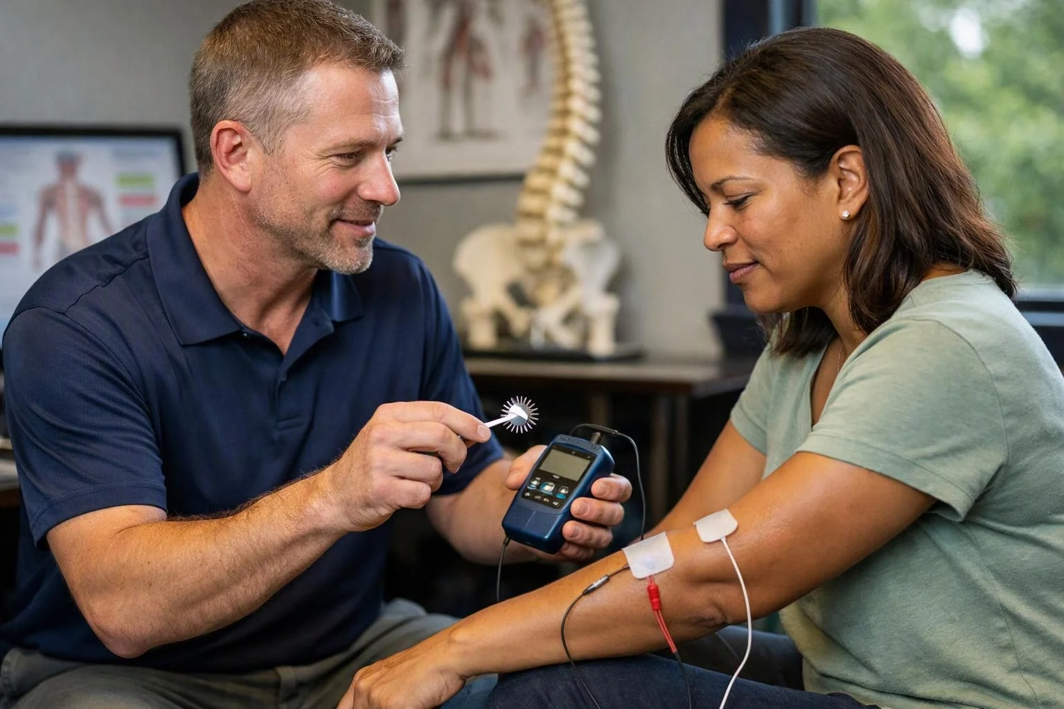 A clinician shows a woman a handheld medical device while electrodes rest on her arm in a clinic room