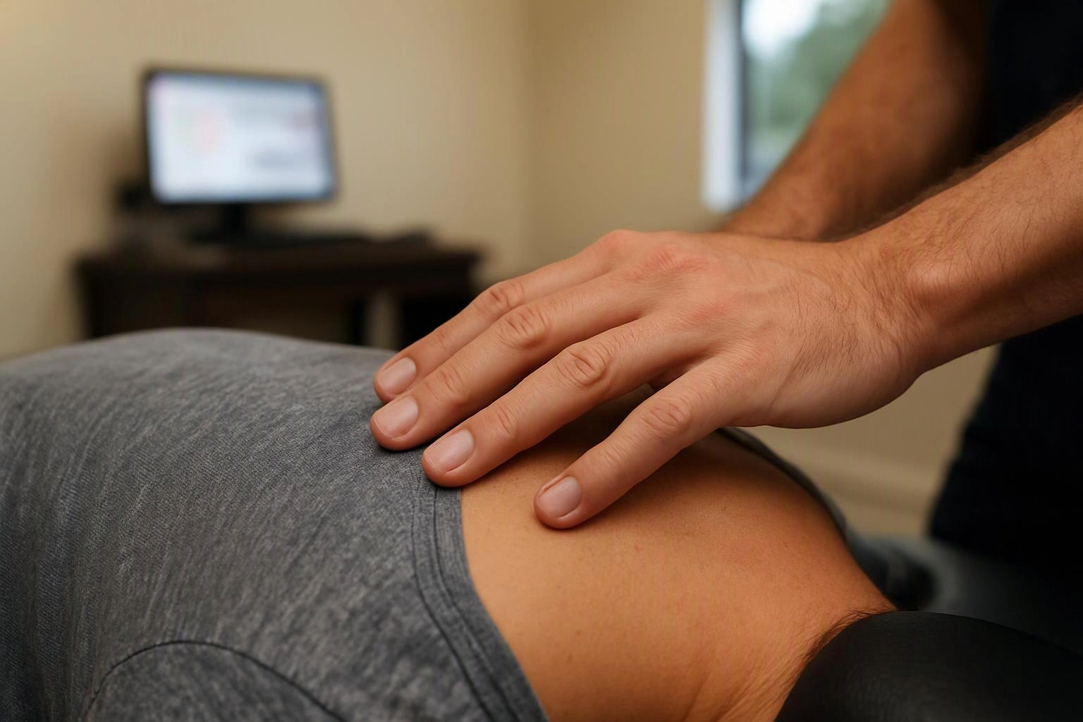 A hand presses on a person’s lower back while they lie face down in a room with a blurred computer screen
