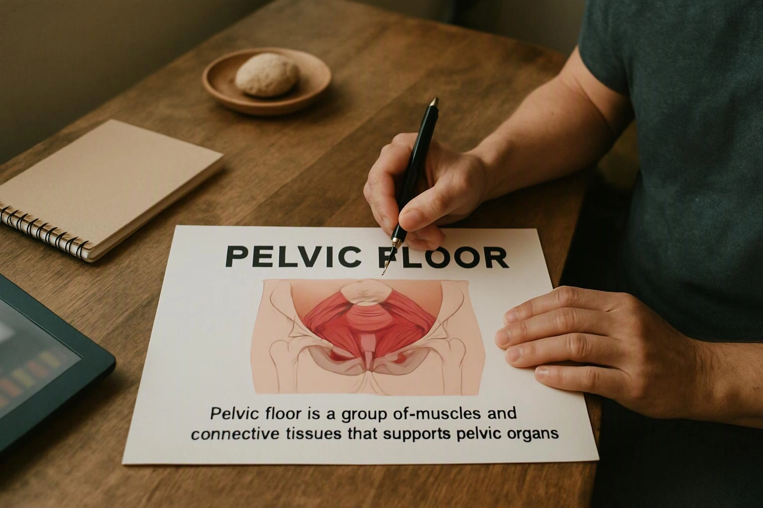 A person points to a pelvic floor diagram on a desk beside a notebook and small plate with a stone