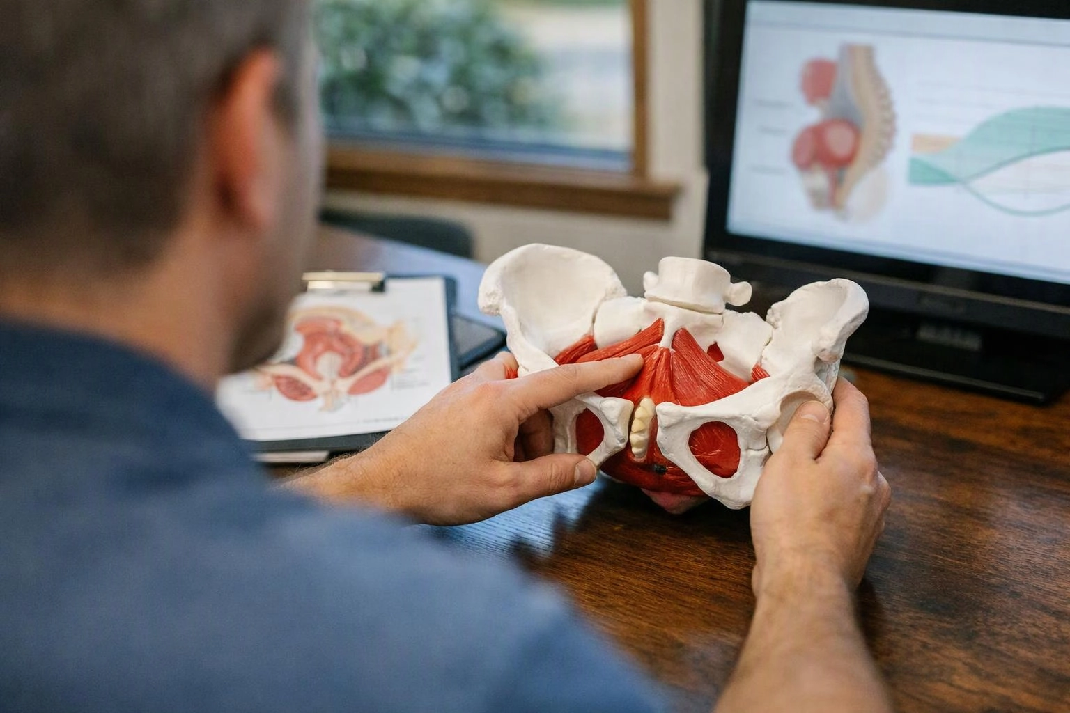 A person studies a pelvic anatomy model at a desk with medical diagrams on nearby screens