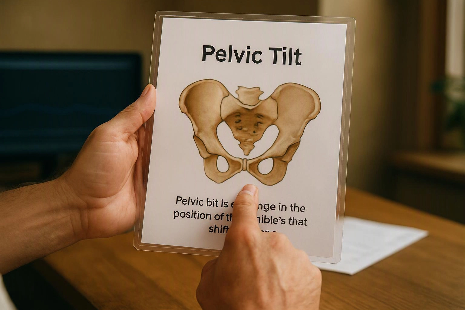 Hands hold a laminated pelvic tilt chart above a wooden table, with one finger pointing at the pelvis diagram