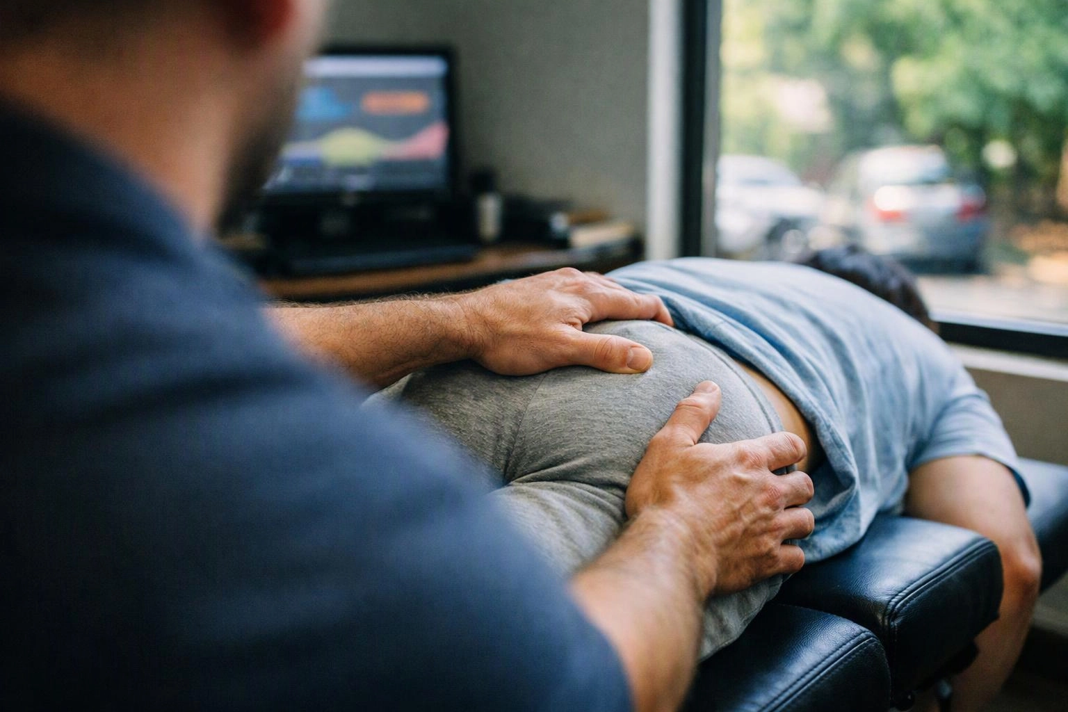 A therapist presses on a person's lower back while they lie face down on a padded treatment table
