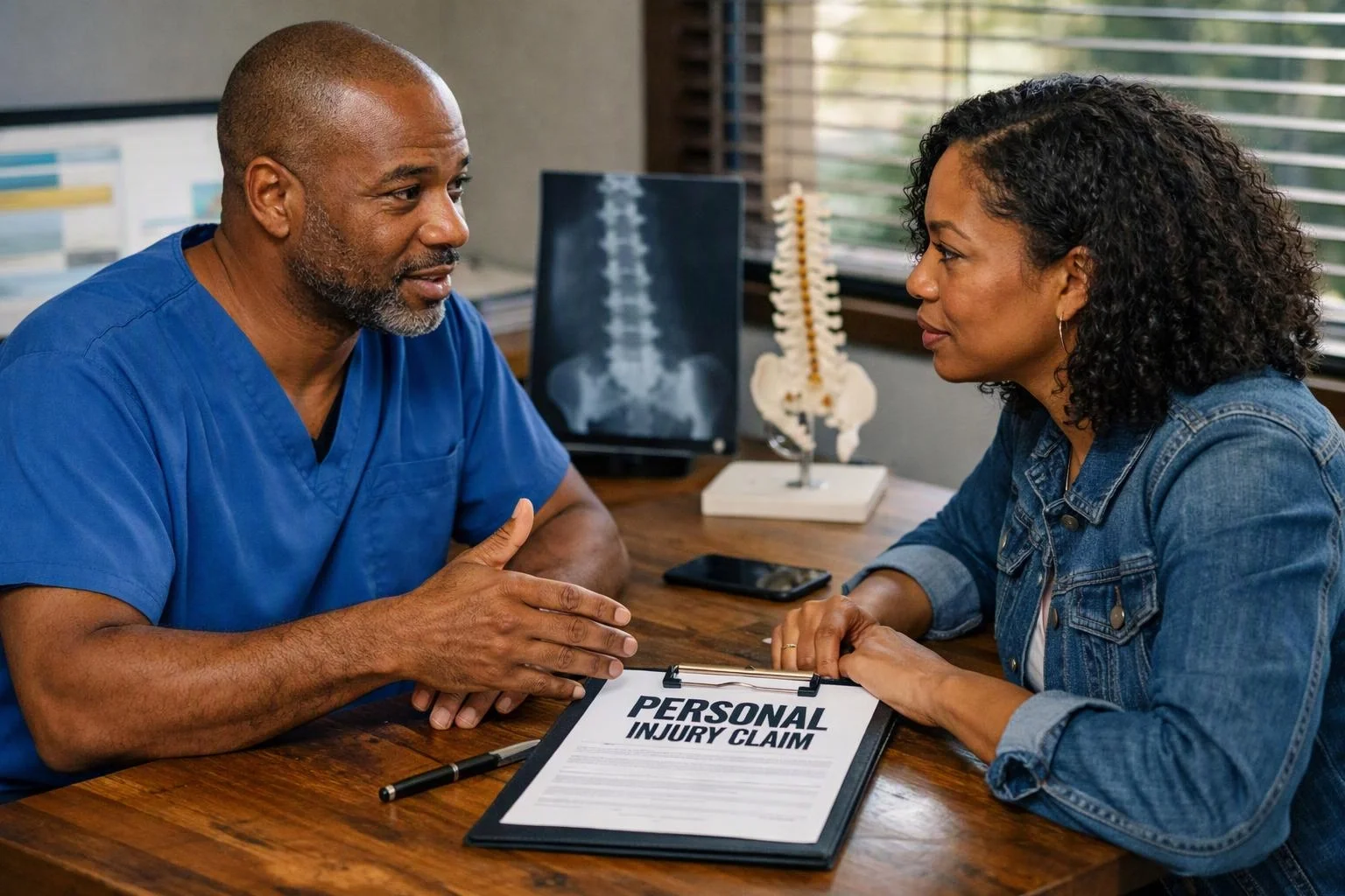 A doctor in blue scrubs talks with a woman across a desk beside spine X-rays and a personal injury claim form