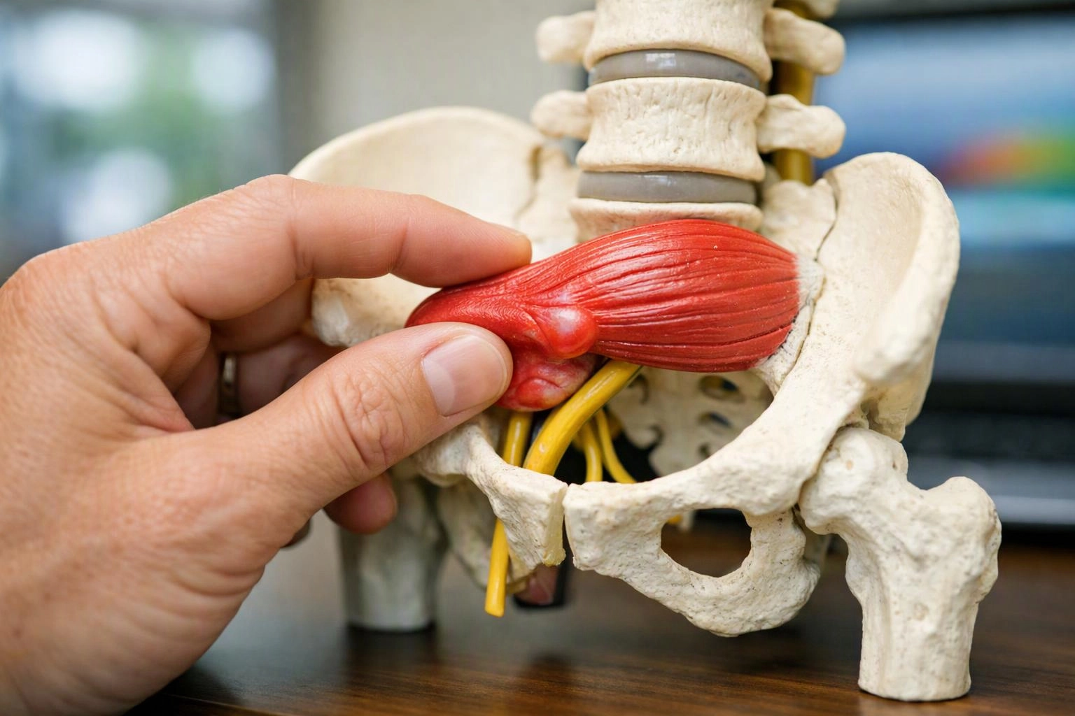 A hand holds a red muscle piece on a pelvis anatomy model with yellow nerves visible