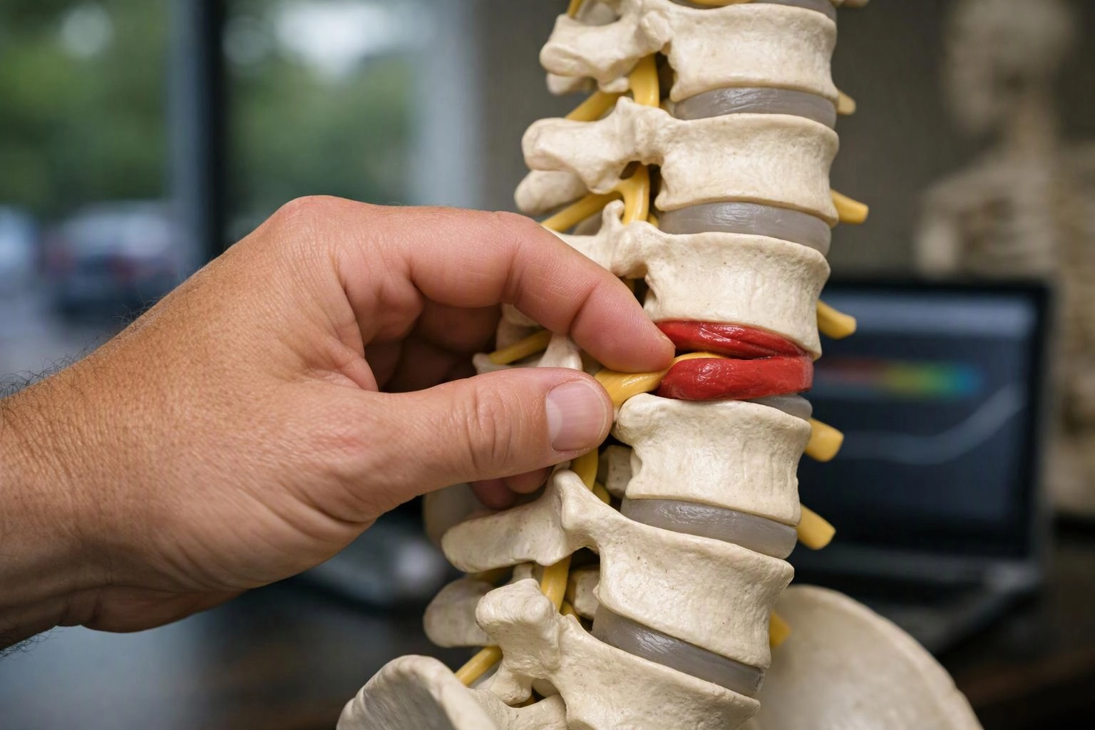 A hand presses a red spinal disc model beside stacked vertebrae in a clinic setting