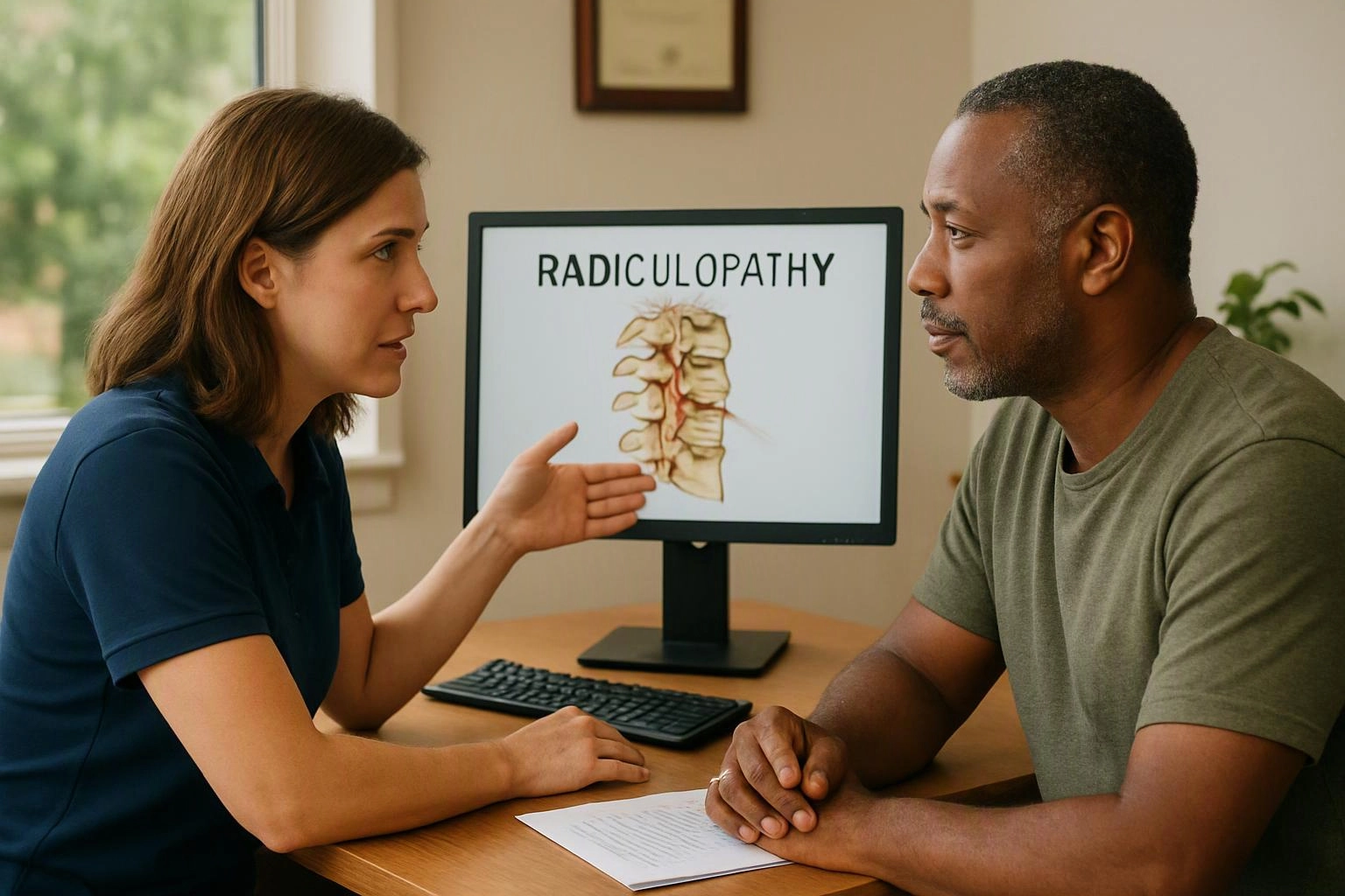 A woman explains a spine diagram on a monitor to a seated man in a bright office