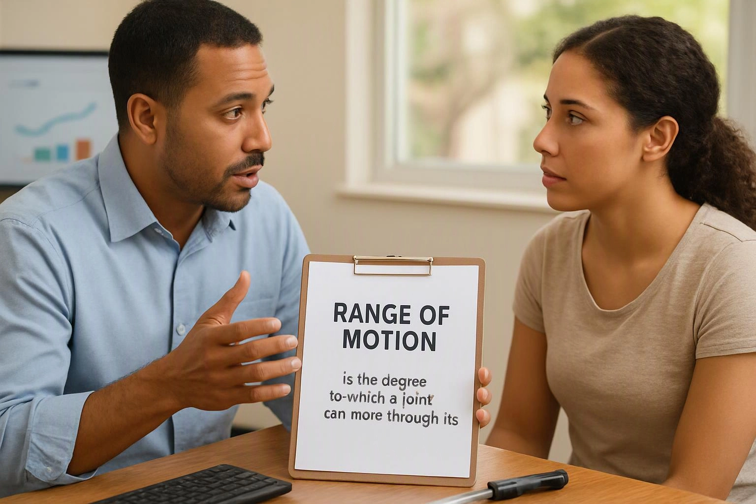 A man explains a clipboard page to a woman at a desk, with a chart on a screen in the background