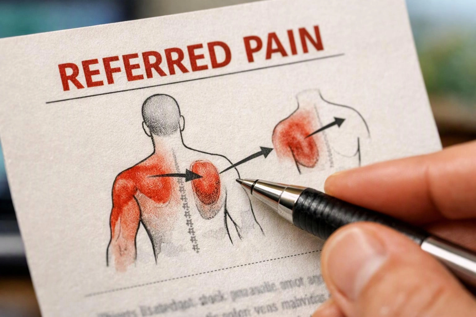 A hand points a pen at a pain referral diagram showing a red-marked back and shoulder on a medical page