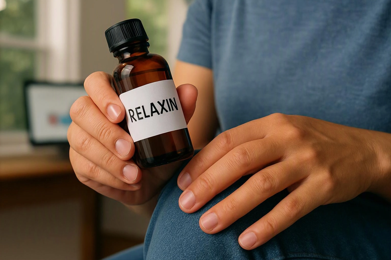 A person holds an amber bottle labeled “RELAXIN” against a pregnant belly indoors