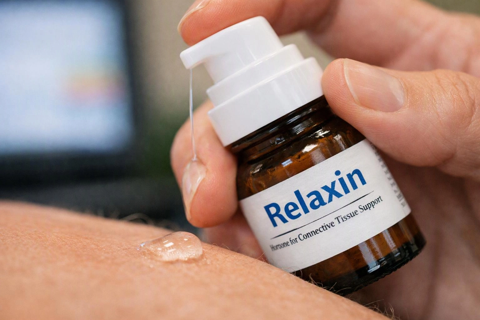 A hand squeezes a pump bottle labeled “Relaxin” as clear liquid drops onto bare skin in close-up