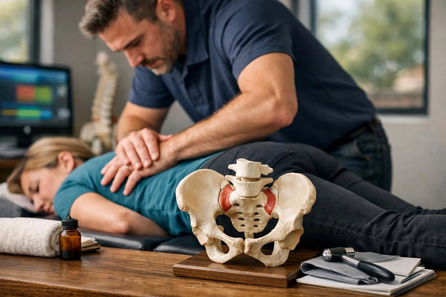 A man presses on a woman lying face down on a treatment table, with a pelvis model and clinic tools nearby