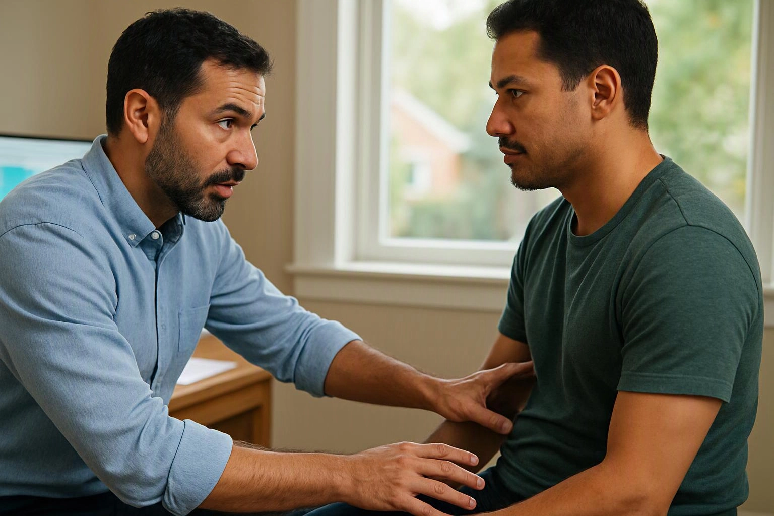 Two men sit indoors facing each other, one speaking while touching the other’s arm and side in a calm room with a window