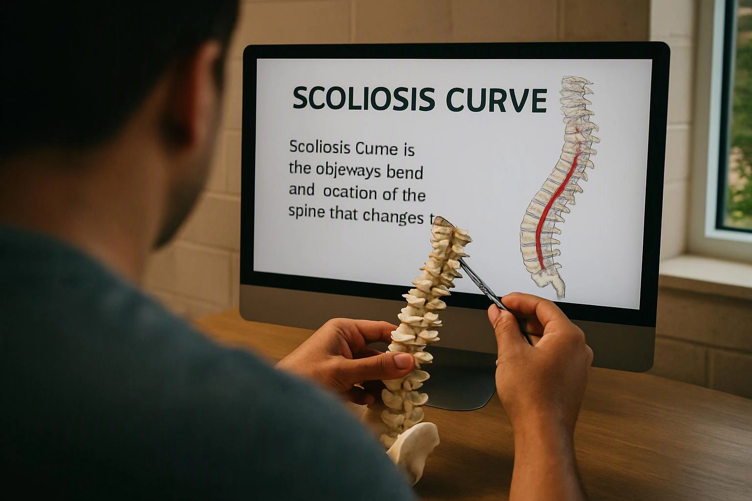 A person studies a spine model beside a monitor showing a scoliosis curve diagram and text
