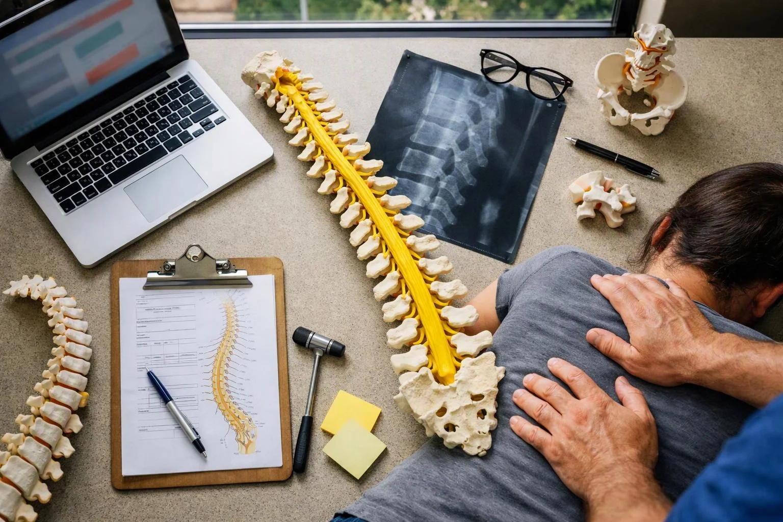 A therapist presses a woman’s back beside spine models, X-ray film, a clipboard, and a laptop on a desk