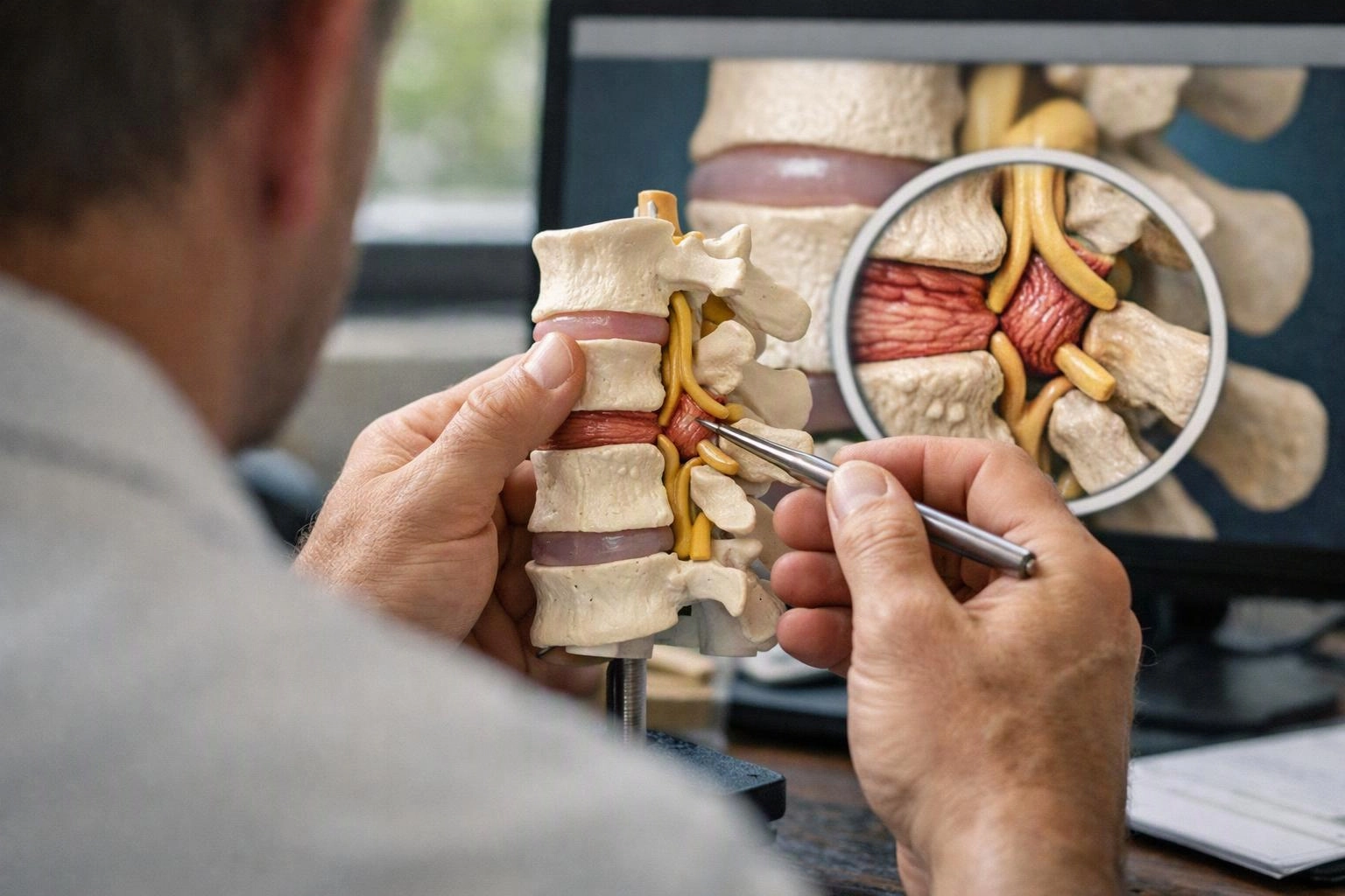 A man examines a spine model with a metal pointer beside a matching medical image on a monitor