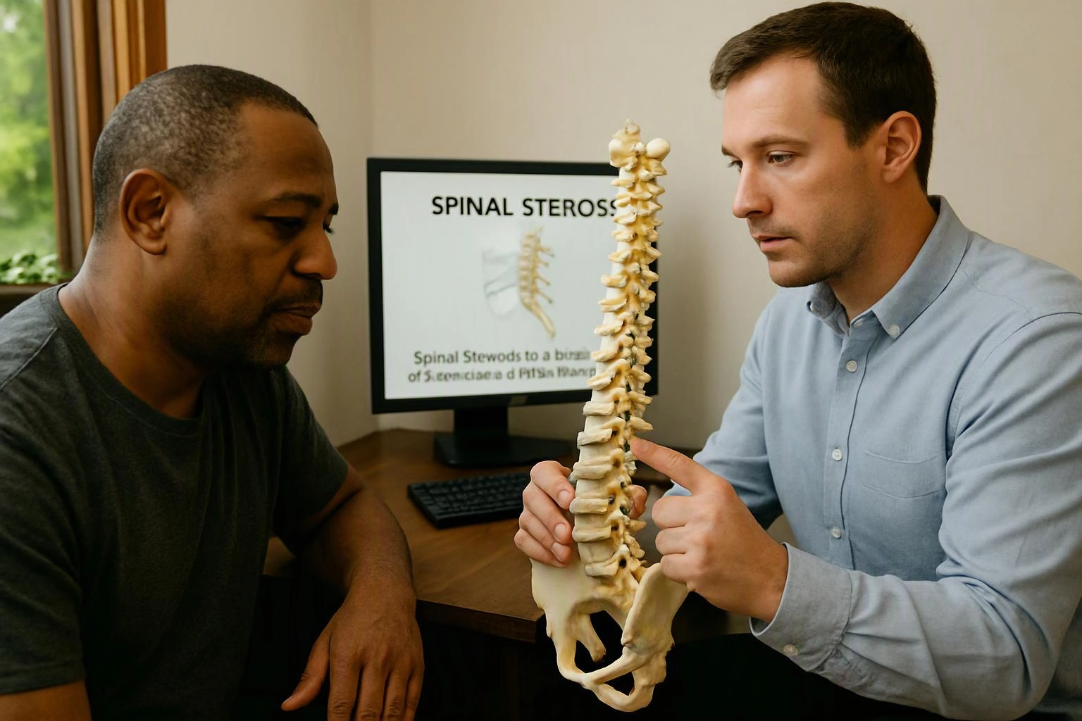Two men study a spine model beside a computer in a clinic office