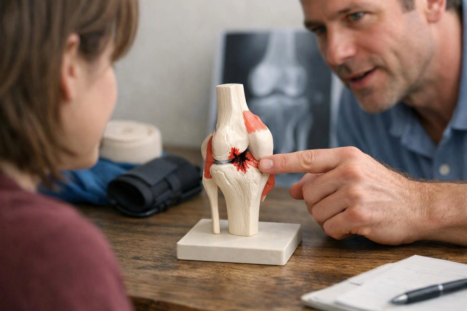A man points to a knee joint model while talking with a woman across a desk