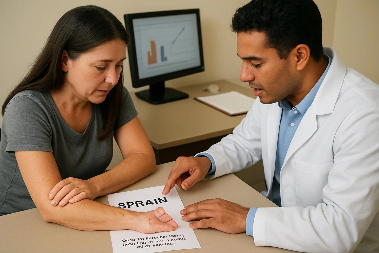 A doctor points at a sprain handout while a woman rests her injured wrist in a clinic exam room