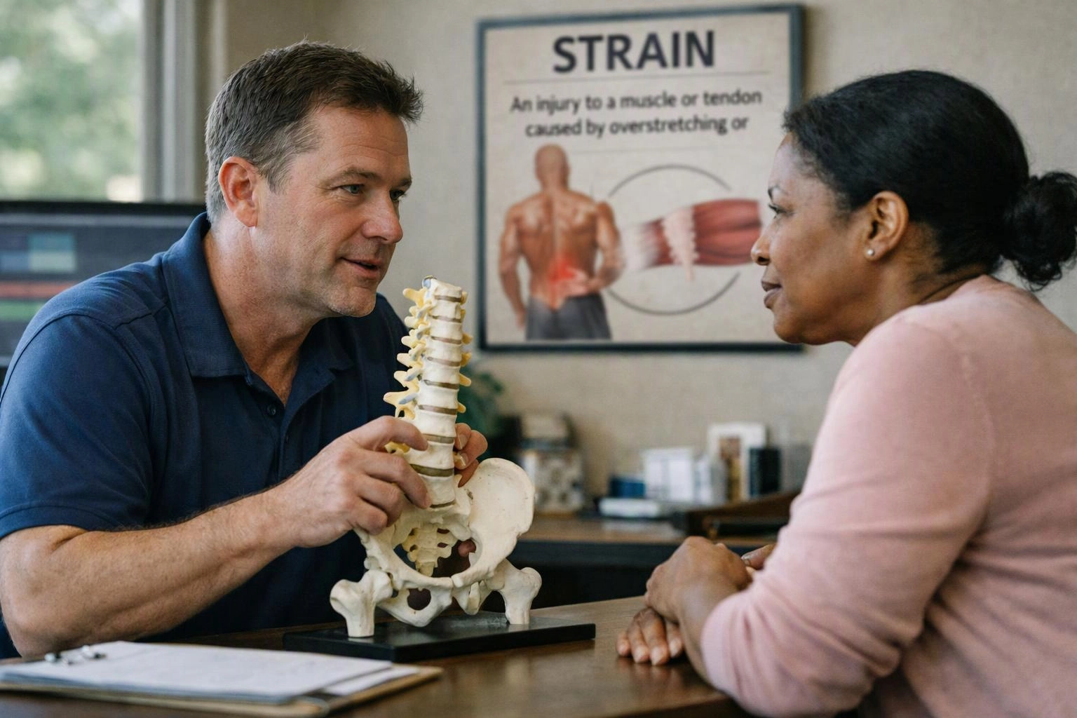 A man shows a spine model to a woman across a desk, with a strain poster behind them