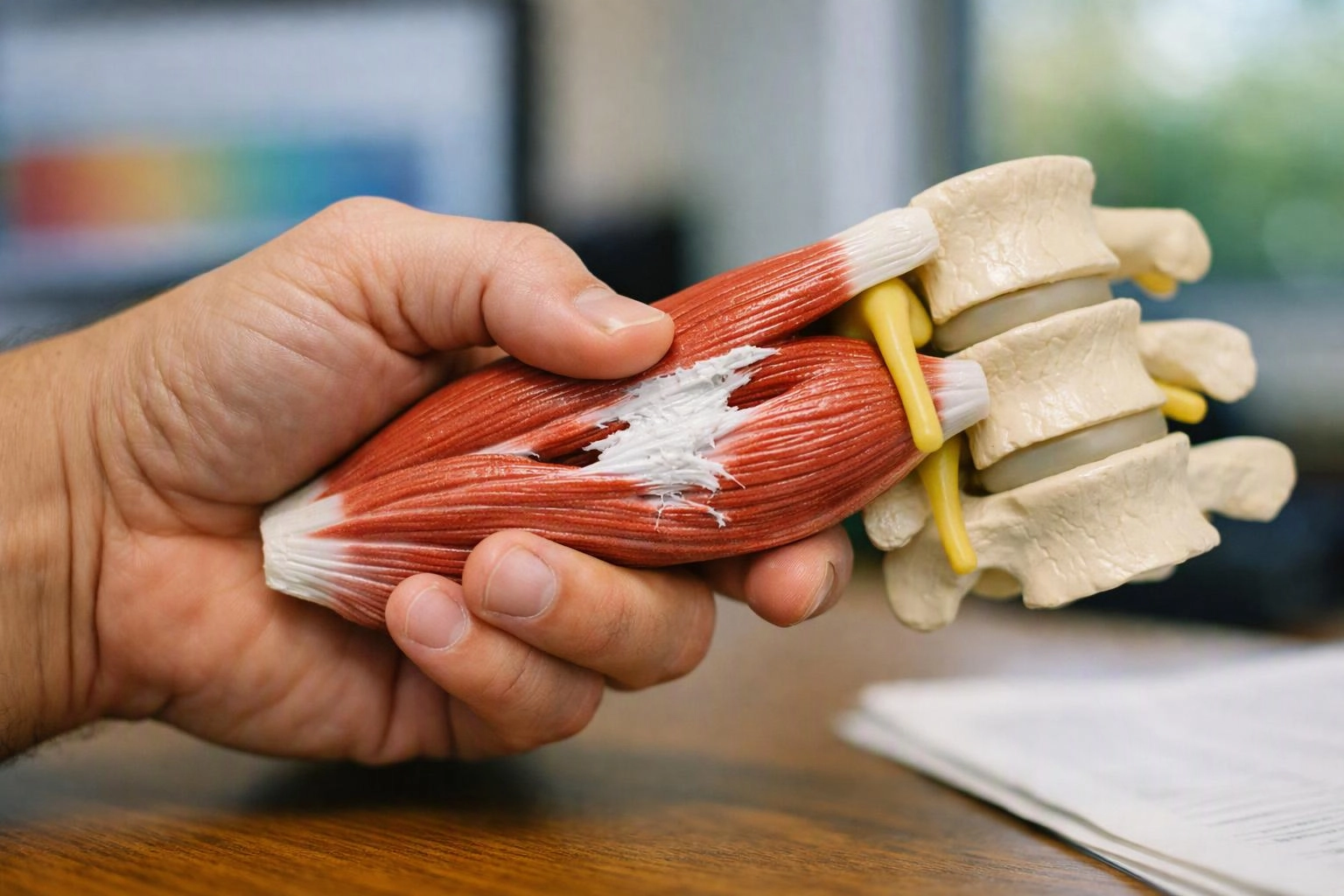 A hand holds a muscle and spine model over a wooden desk
