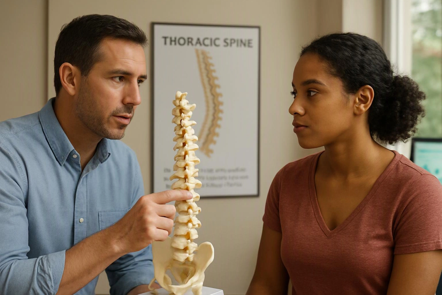 A man points to a spine model while speaking with a woman in a medical office