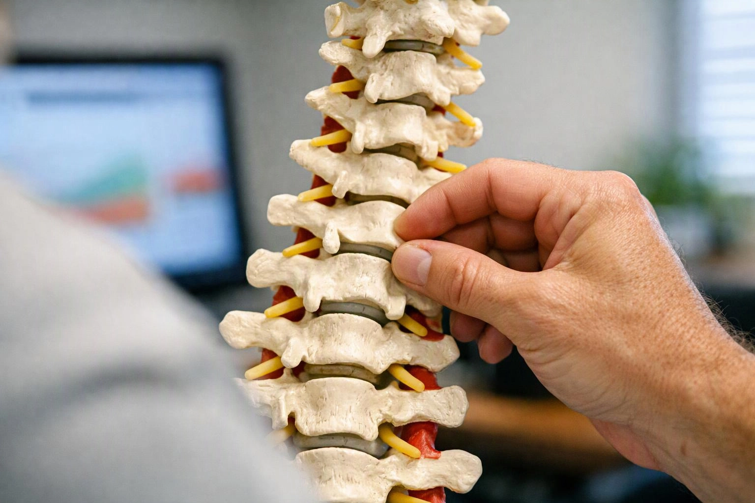 A hand points at a spine model with vertebrae and yellow nerves in a clinic setting
