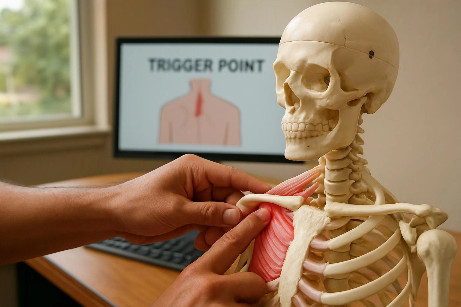 Hands press a skeleton model’s shoulder muscles, with a monitor showing “TRIGGER POINT” in the background