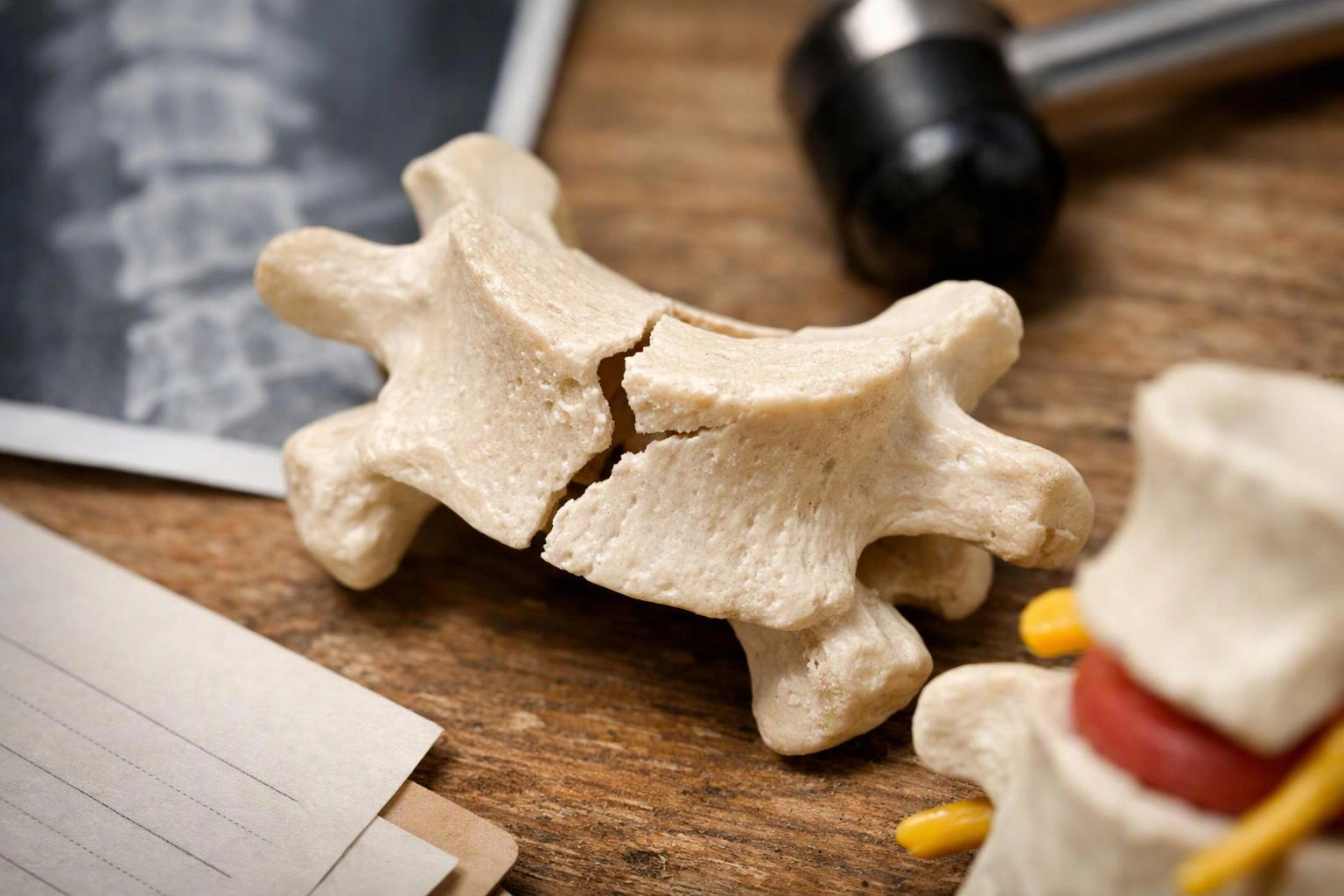 A cracked vertebra model sits on a wooden table beside an X-ray printout and pen