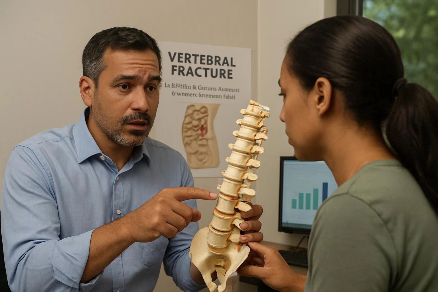 A man points at a spine model while speaking to a woman in a clinic office