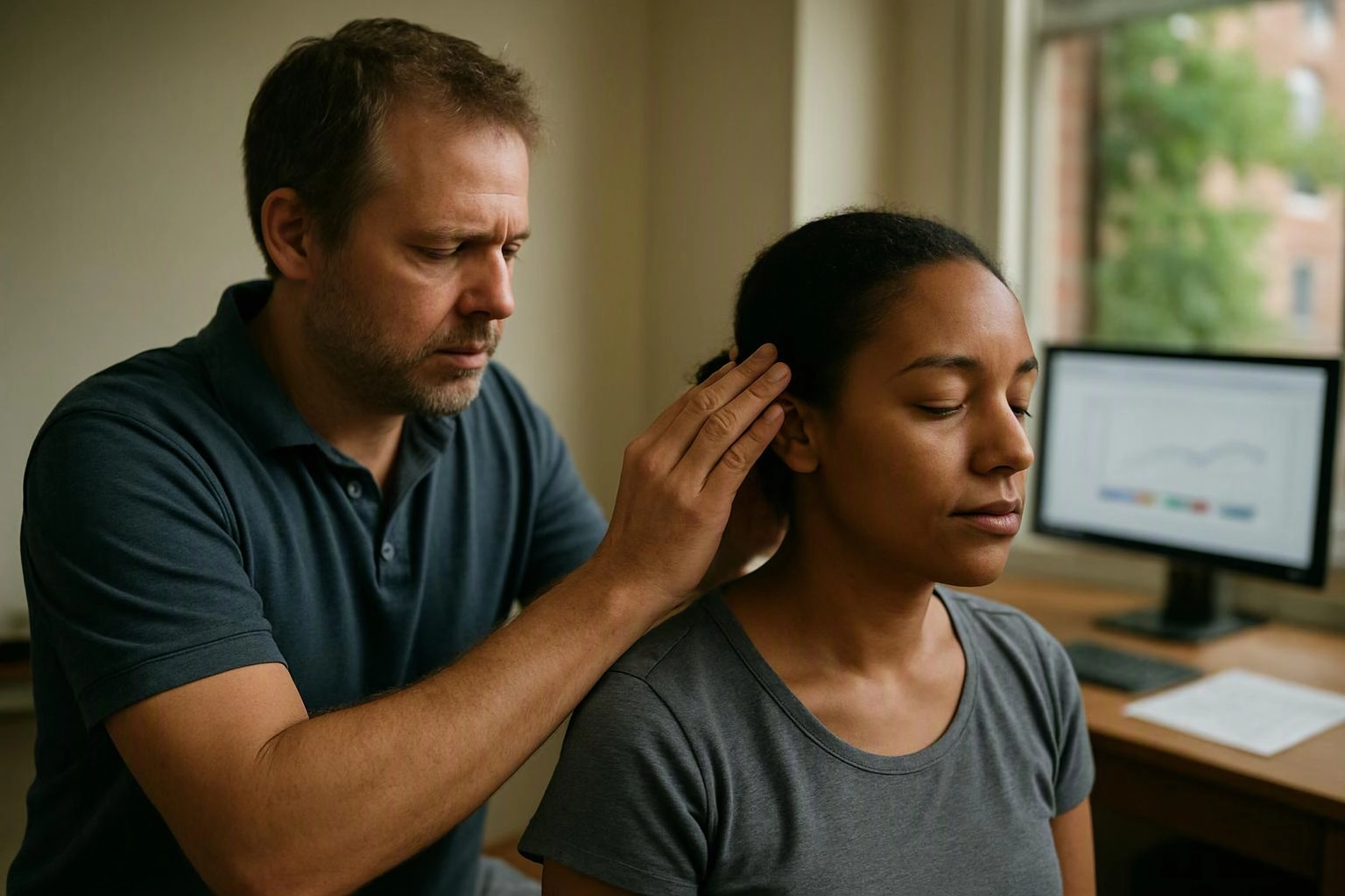 A man gently presses behind a seated woman's ear in a quiet room with a computer desk
