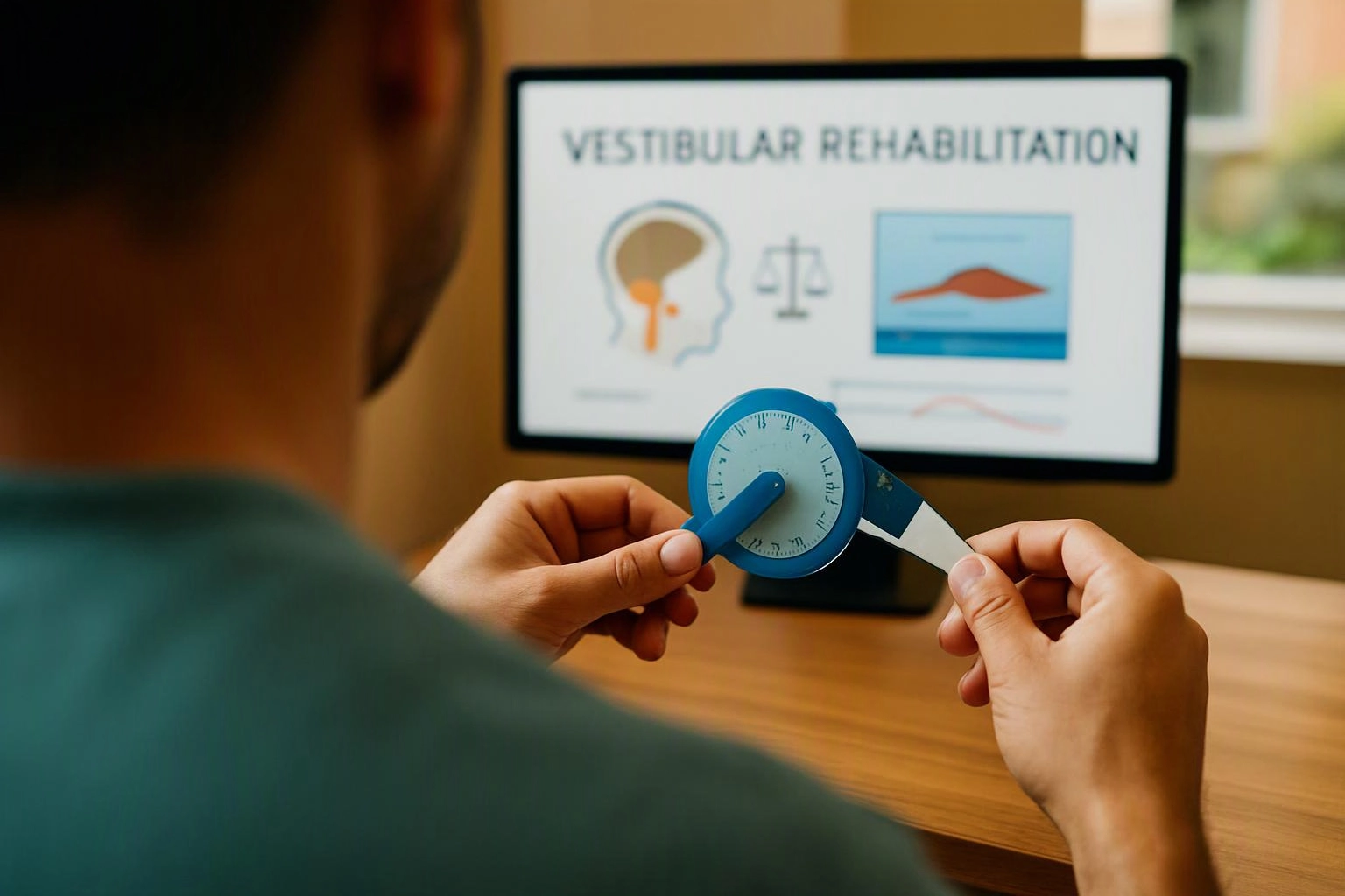 A person holds a blue timing device while viewing a monitor labeled vestibular rehabilitation