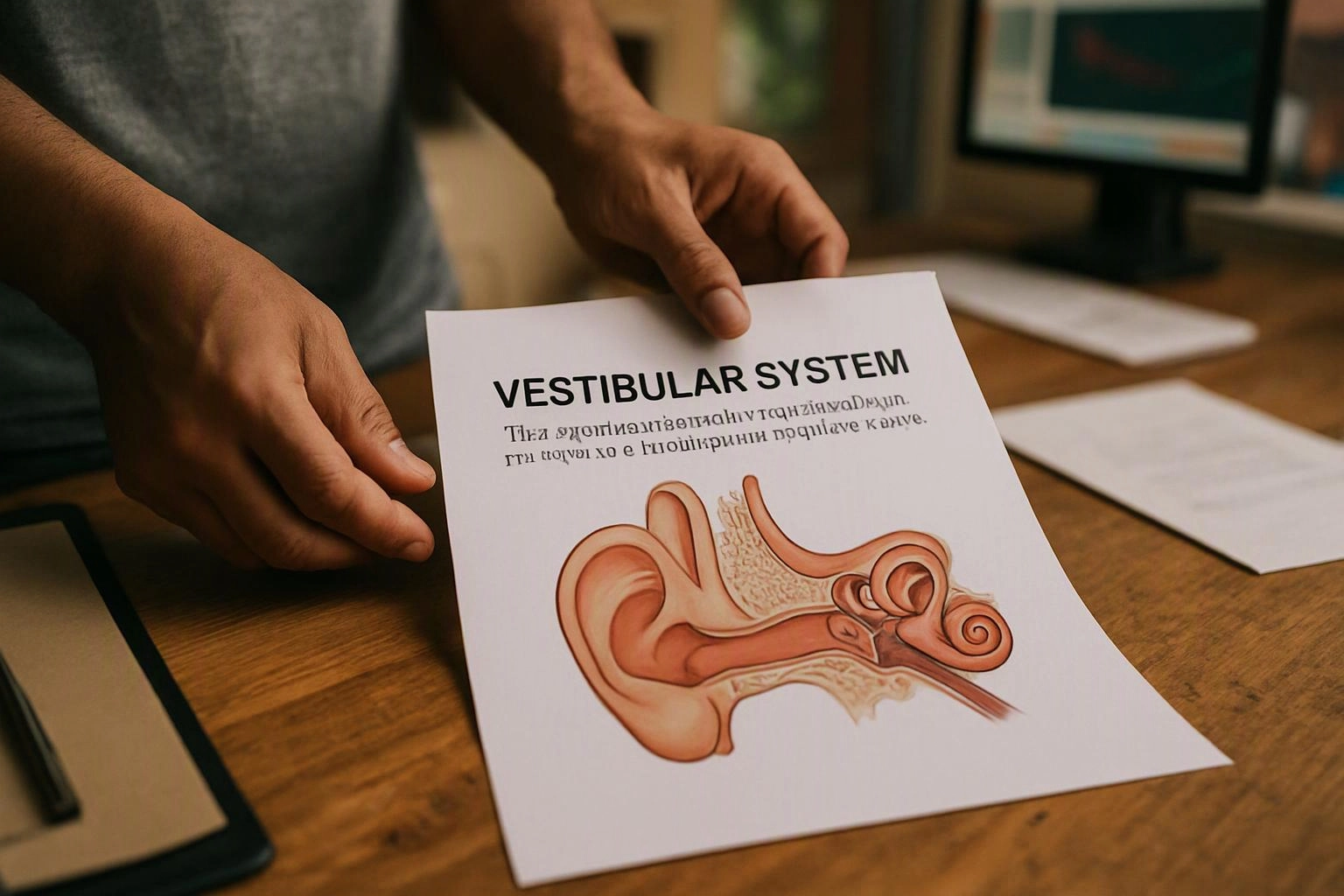 Hands hold a printed vestibular system diagram on a wooden desk beside a computer monitor