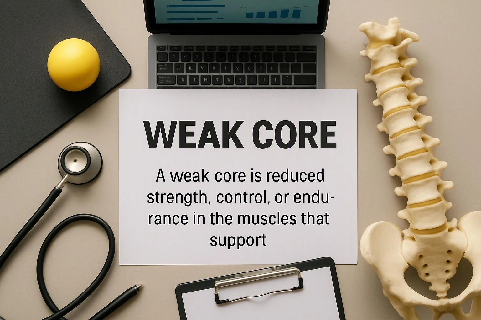 A medical desk still life shows a weak core poster beside a laptop, stethoscope, model spine, and clipboard