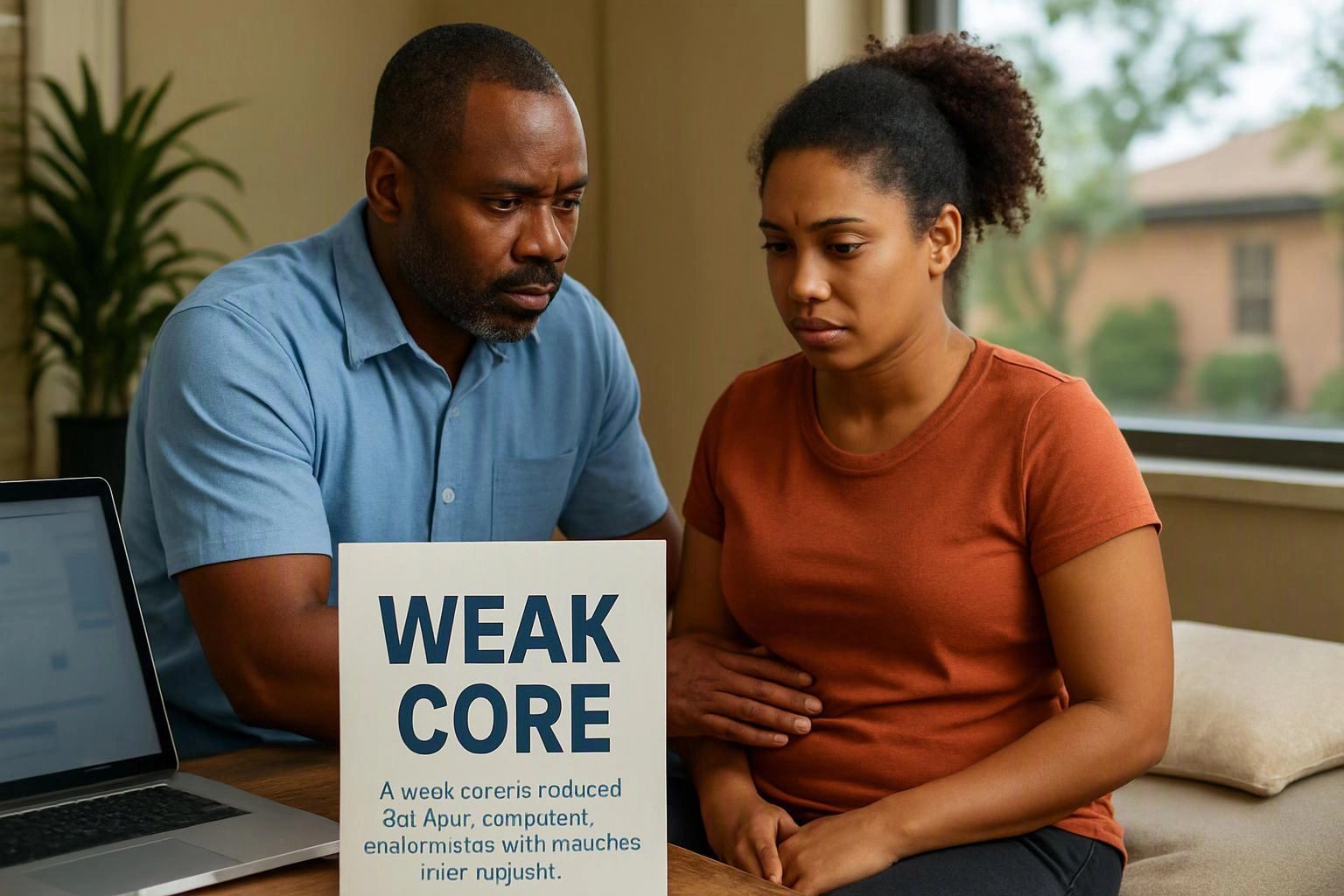 A man supports a woman holding her stomach beside a table with a sign reading “WEAK CORE”