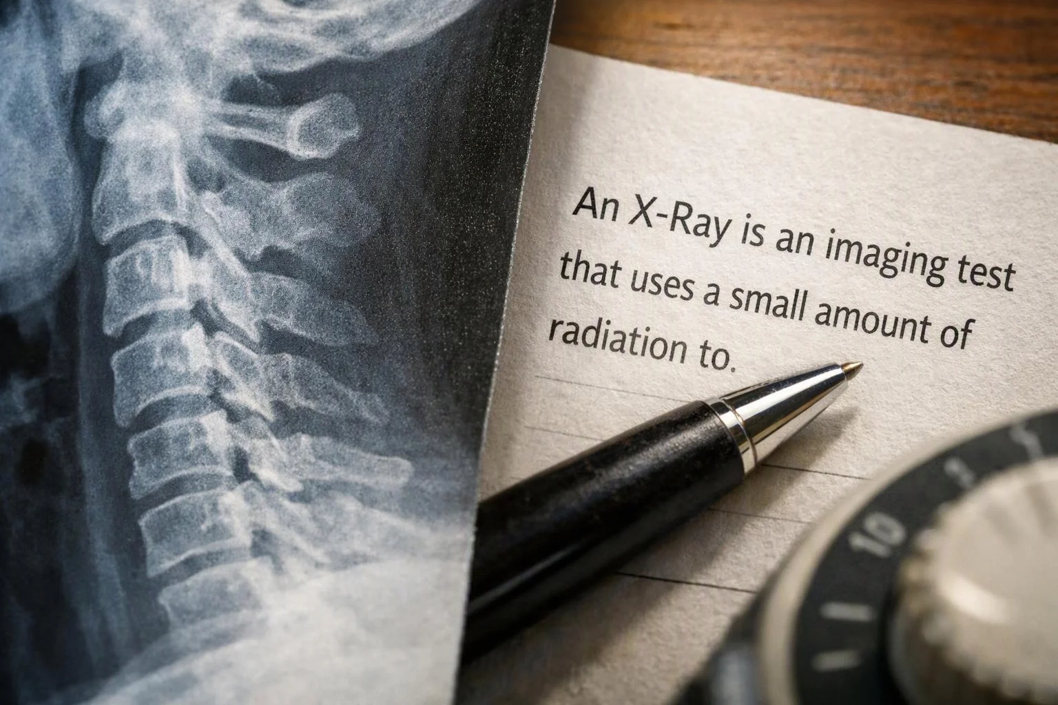 A spine X-ray lies beside a pen and a page with printed medical text on a wooden table