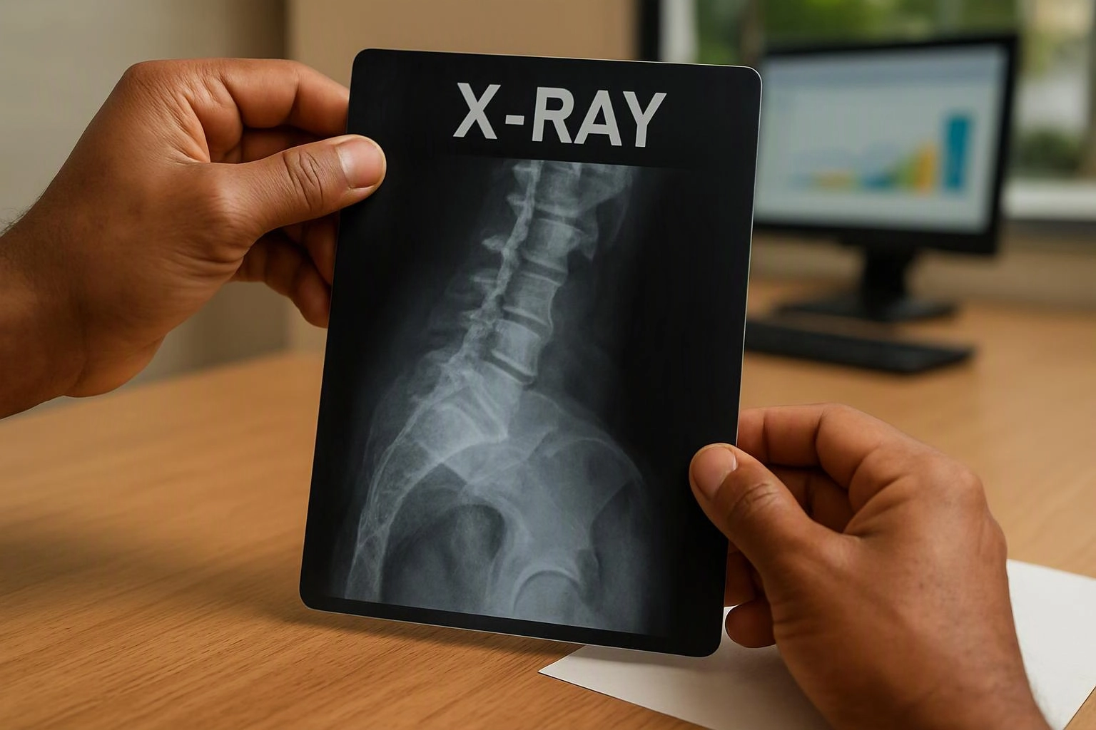 Hands hold an X-ray film showing a spine, with a blurred computer monitor on a desk behind it