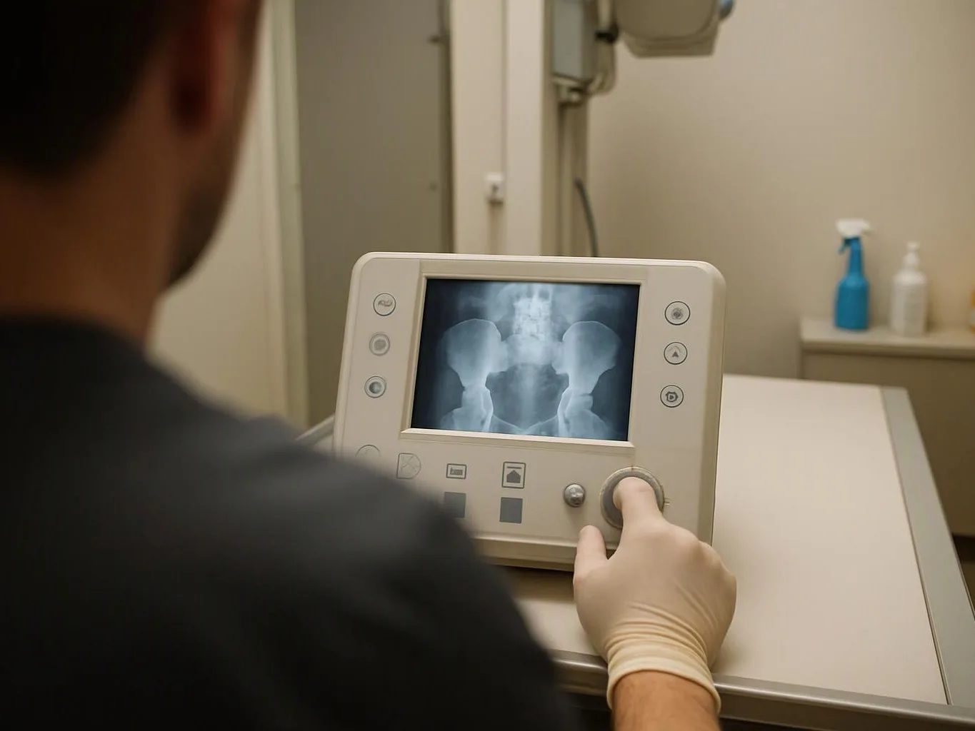 A gloved person views a pelvis X-ray on a medical monitor in a clinic room
