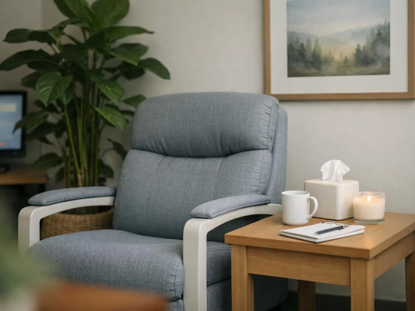 A gray armchair sits beside a wooden side table with a mug, tissue box, notebook, and lit candle in a calm room