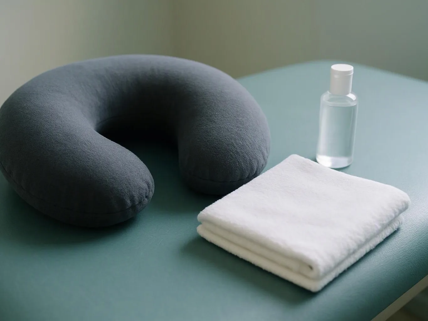 A gray neck pillow, folded white towel, and small clear bottle sit on a teal table