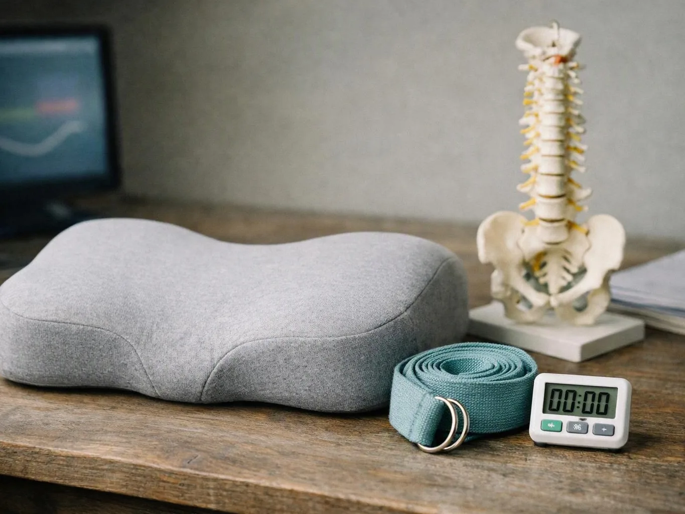 A gray neck pillow, teal strap, and digital timer sit on a wooden table beside a spine model