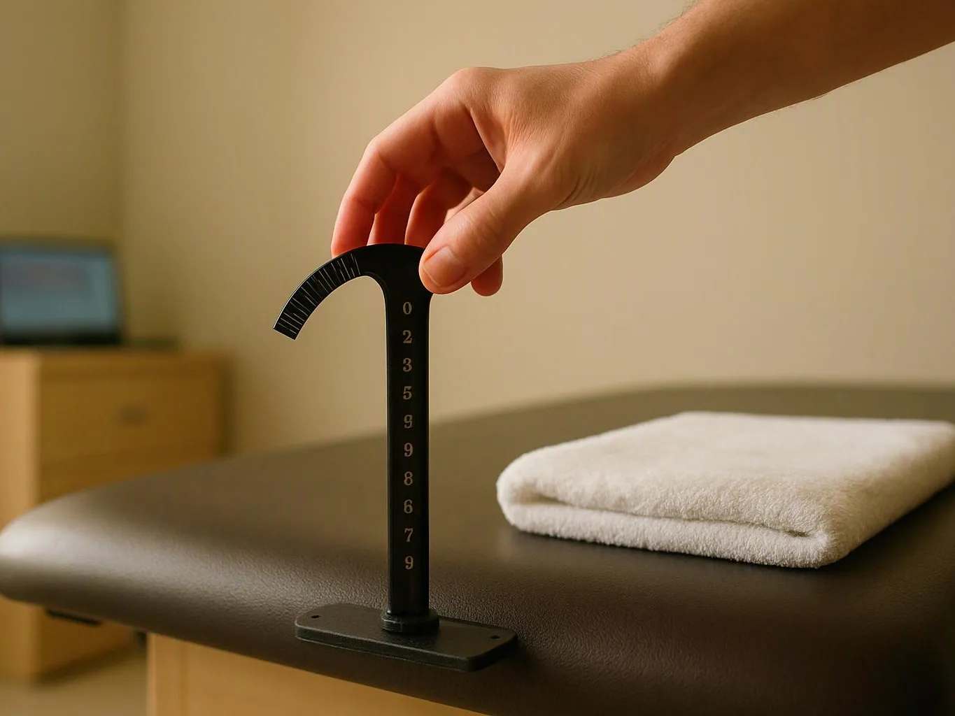 A hand adjusts a black measuring tool on a treatment table beside a folded white towel