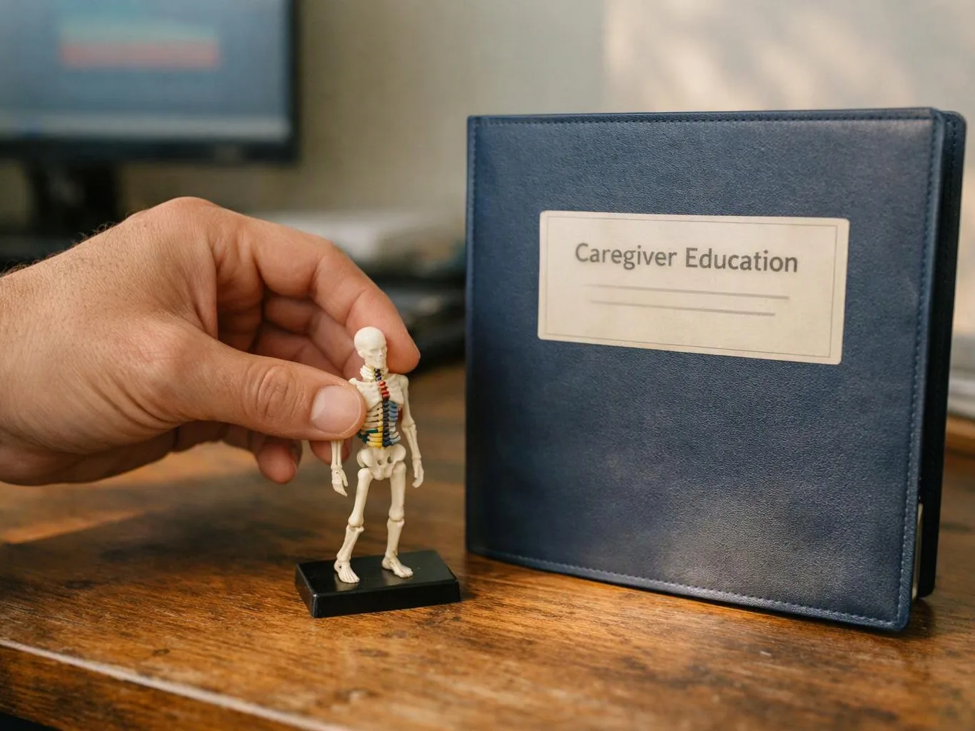 A hand adjusts a tiny skeleton figure beside a blue binder labeled Caregiver Education on a wooden table
