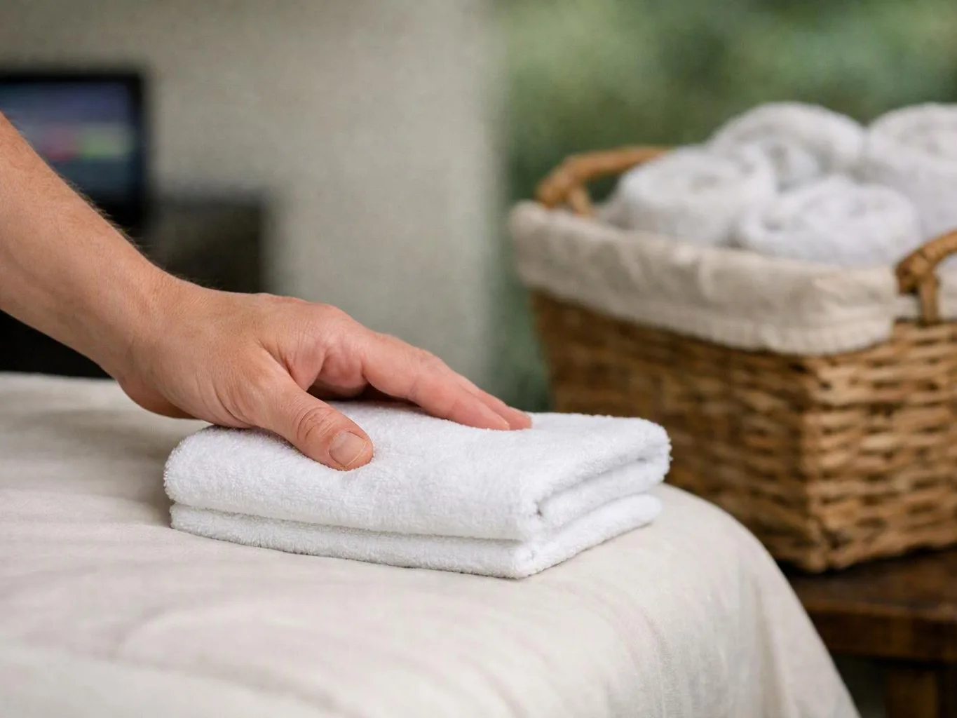 A hand folds a white towel on a massage table beside a basket of rolled towels